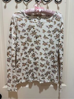 Women's Lucky Floral Long Sleeve Top - White with Pink & Brown Floral